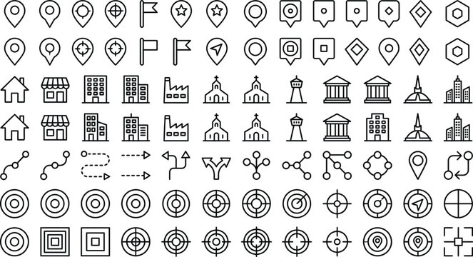 CAD urban planning icon set. Architectural vector symbols for maps, site plans, landmarks, navigation, buildings, and landscape diagrams