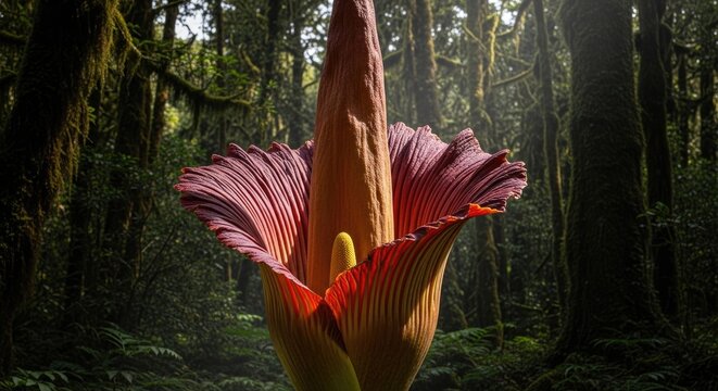 tall red flower in dark forest