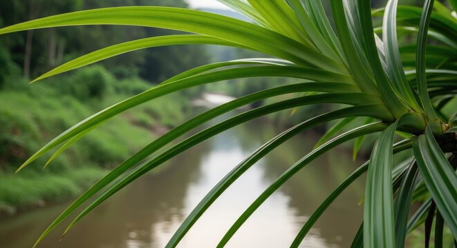 tropical plant by river, green leaves and water