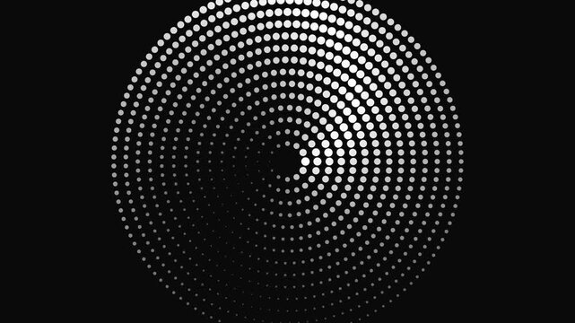 Abstract circular halftone loading animation, pulsing white dots on black background, circle