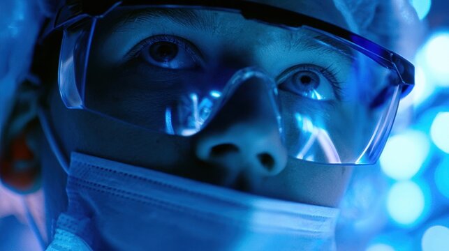 A person wearing protective goggles and a face mask in a blue-lit laboratory setting
