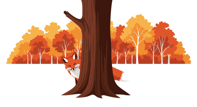 A cunning fox peeking from behind a tree trunk in a vibrant autumn forest.