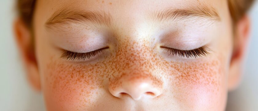 Child face with freckles close up