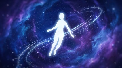 Obraz premium Ethereal Humanoid Silhouette Floating Through A Vibrant Cosmic Nebula with Swirling Light Trails