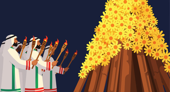 Men in traditional attire holding torches near a large bonfire.