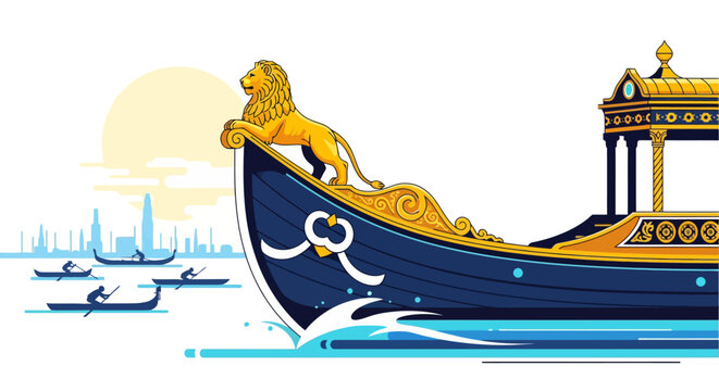 Ornate Venetian Gondola with Golden Lion Figurehead on Water.