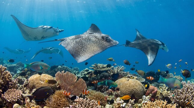School of manta rays gliding gracefully over a vibrant and healthy colorful coral reef ecosystem.