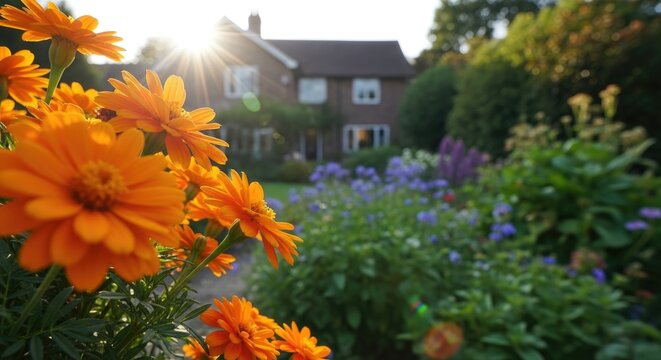Vibrant garden flowers in front of house
