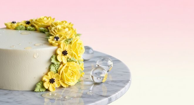 White cake with yellow flowers on a marble plate