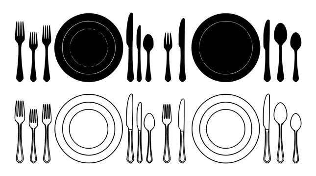 Dinnerware Set with Plates, Forks, Knives, and Spoons in Black and White Featuring Tableware, Cutlery, Dining with Utensils