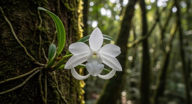 white orchid flower on tree in forest