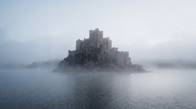 Ancient stone castle fortress standing on a rocky island surrounded by dense fog and calm misty water in a moody atmospheric landscape
