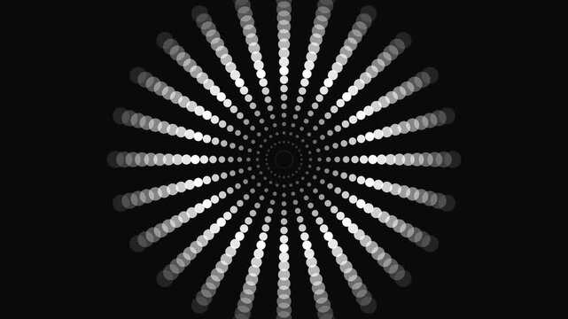 Abstract radial dot pattern animation, pulsing white circles on black background, dots