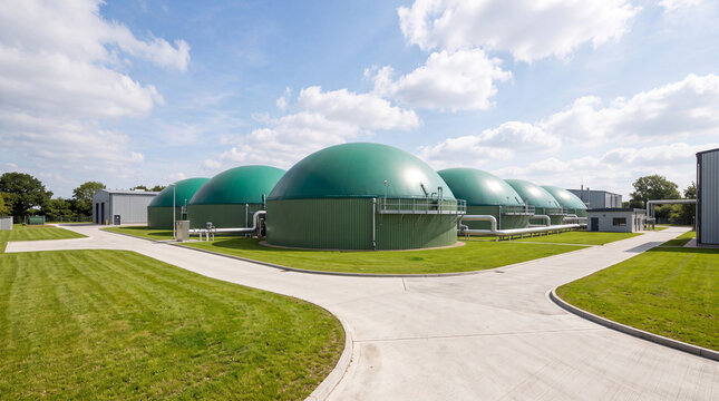 Biogas plant with large green dome shaped anaerobic digesters and industrial storage tanks located in a sunny field under a blue cloudy sky