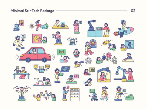 Minimal sci-tech character collection featuring AI, robotics, VR, space, automation, smart technology, and future innovation concepts.