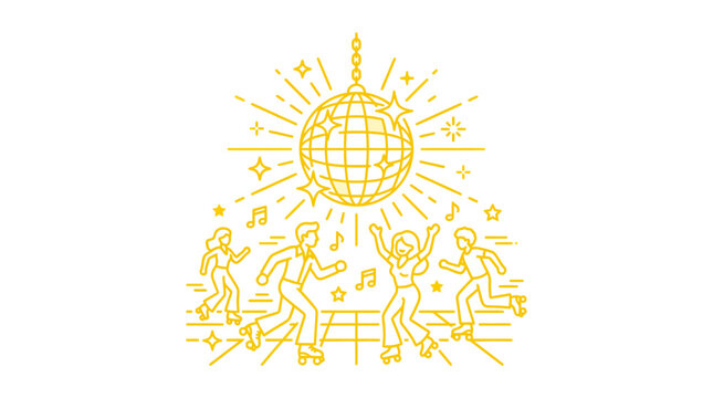 Retro Disco Roller Skating Party Fun with Golden Disco Ball and Dancing People
