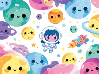 Fototapeta premium Tiny astronaut floats in space with cute planets and colorful spaceship nearby, all displayed in a bright and cheerful setting.