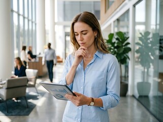 Obraz premium Woman Reading Tablet in Bright Modern Office with Colleagues Working in Background
