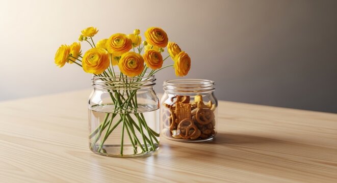 yellow flowers in vase with nuts on table
