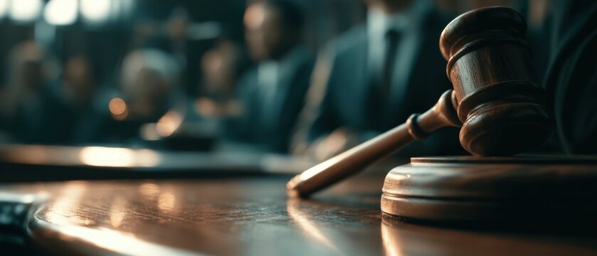 A wooden judge's gavel rests on a polished courtroom desk in the foreground, with a blurred jury and attorneys seated in the