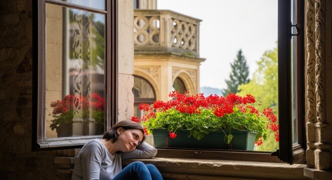 young woman sitting by window with flowers