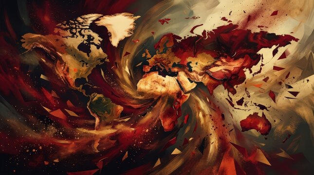 Abstract depiction of global chaos and economic turmoil, a world map fractured by dark forces and swirling energies