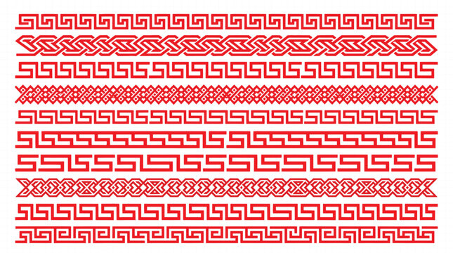 Traditional Chinese red seamless border frame dividers collection featuring intricate oriental geometric line and key fret maze patterns.