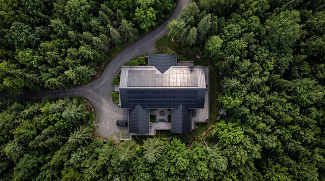 Aerial view of a modern luxury house with a solar panel roof located in a dense green forest surrounded by trees and a winding driveway access road