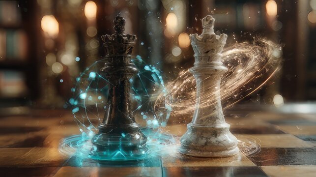 3D visualization depicting a cinematic chess match with glowing light effects around the main pieces.