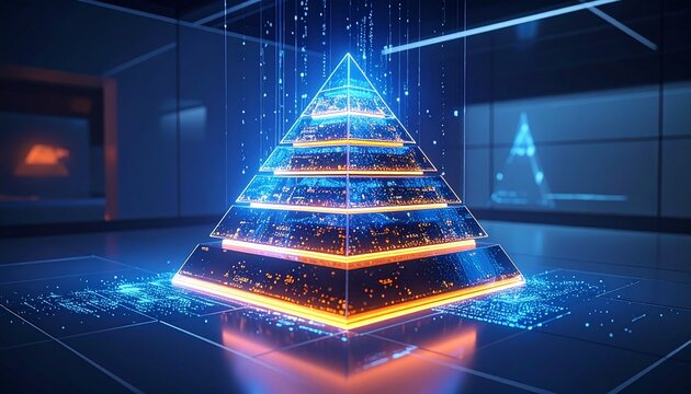 Futuristic 3D glowing pyramid structure with data particles in a blue tech environment