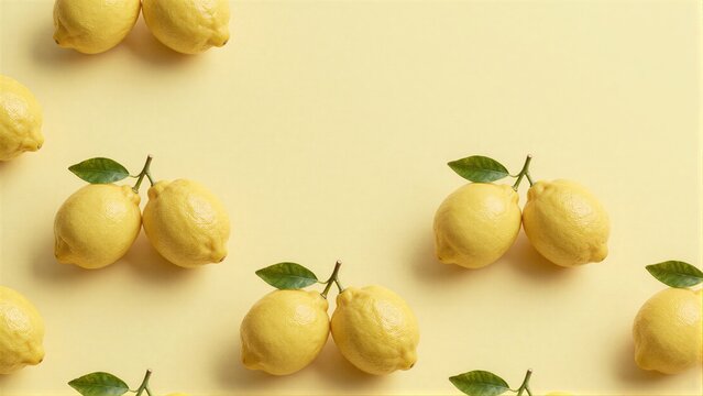 Bright yellow lemons with green leaves scattered on a soft beige background.