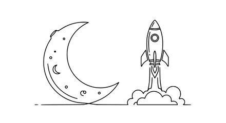 Rocket Launching Towards Crescent Moon and Stars, Space Exploration Concept © Orti