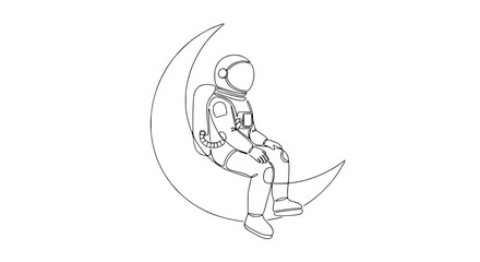 Obraz premium Astronaut sitting on crescent moon, single line drawing, minimalist space art