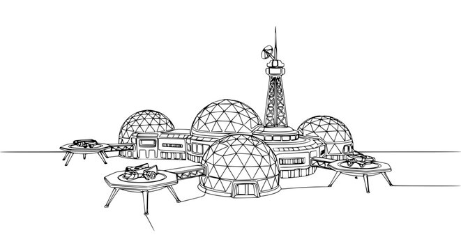 Futuristic geodesic dome research base with towers and flying vehicles
