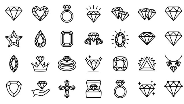 Luxury jewelry diamonds and wedding rings line art icon set
