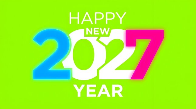 Happy New Year 2027 Greeting Banner with Colorful Glowing Numbers on Bright Green Background