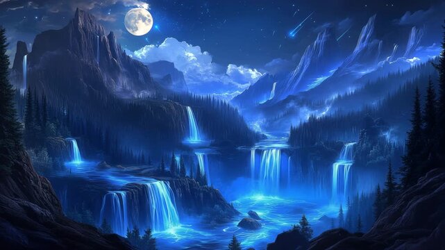 Surreal Fantasy Night Scene Featuring Magical Mountains, Forests, and Blue Waterfalls