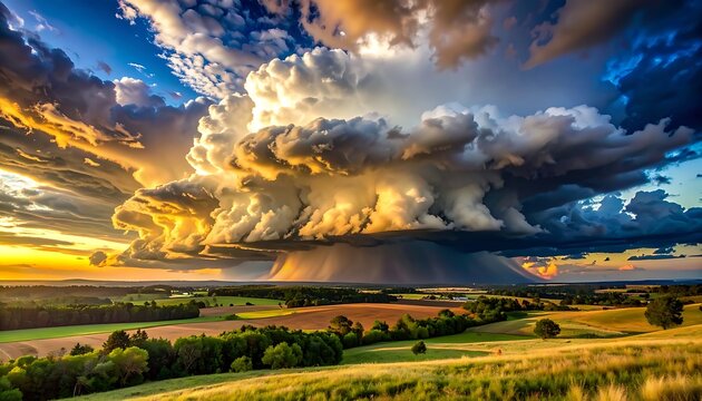Dramatic stormy clouds over rural landscape.