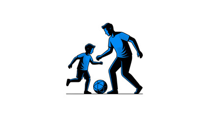 Obraz premium Father and son playing soccer together, family sports and outdoor activity concept, blue retro linocut style , stock vector