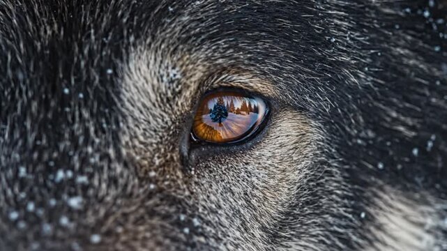 Close up view of the amber eye of a wild grey wolf staring intently with soft snowflakes falling on thick fur in a natural winter environment