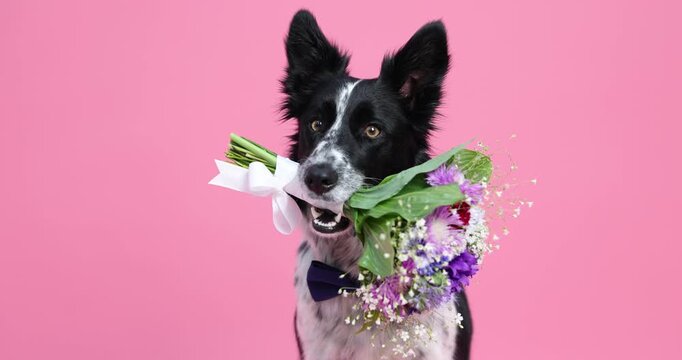 Adorable Border Collie dog with bouquet of flowers on pink background