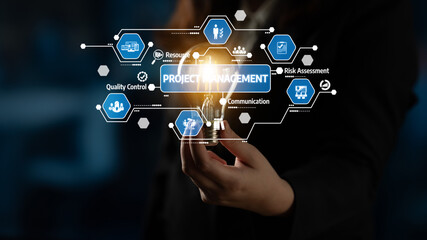 Fototapeta premium A business professional holds a light bulb, representing innovative project management concepts. The image emphasizes essential elements such as communication and quality control. Tessel