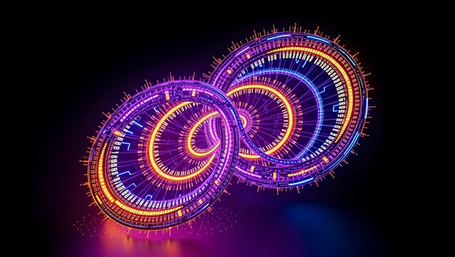 Abstract AI Data Fibonacci Spiral Background. Futuristic Technology Circuit Board and Glowing Digital Particles Concept