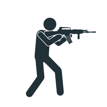 A minimalist black silhouette of a person holding a long firearm weapon