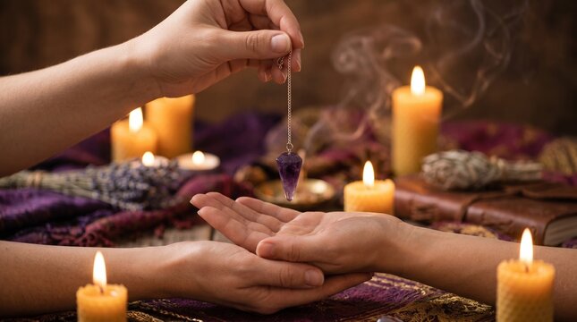 Anonymous Hands Holding Crystal Pendulum Above Open Palm with Candles in Mystical Spiritual Setting