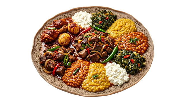 Traditional Ethiopian feast platter showcasing rich doro wat chicken stew with boiled eggs, kitfo beef, lentils, gomen greens, and cottage cheese served on sourdough injera flatbread