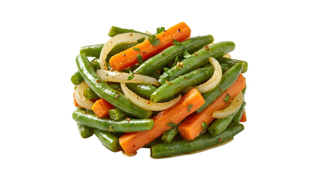 Delicious Ethiopian Fasolia vegetable dish featuring sauteed green beans and sliced orange carrots mixed with onions and fresh herbs isolated on a clean, solid white background
