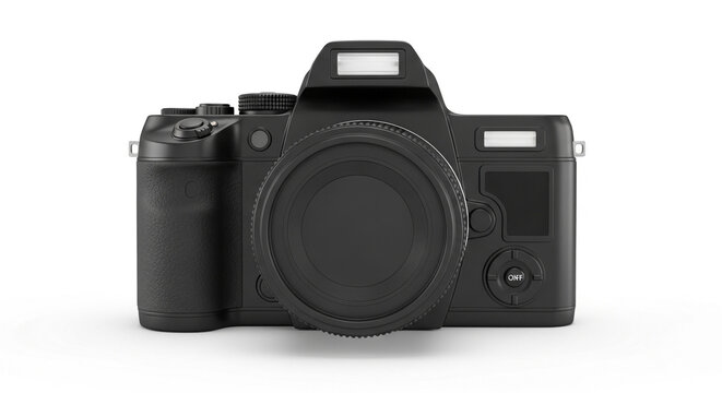Black digital camera on white background, front view