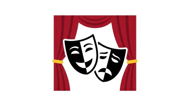 Classic theatrical masks on stage with red curtains represent comedy and tragedy, symbolizing