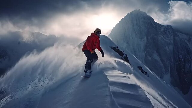 Snowboarder on a Snowy Mountain Peak: A lone snowboarder, clad in a vibrant orange jacket, carves down a steep, snow-covered mountain ridge.